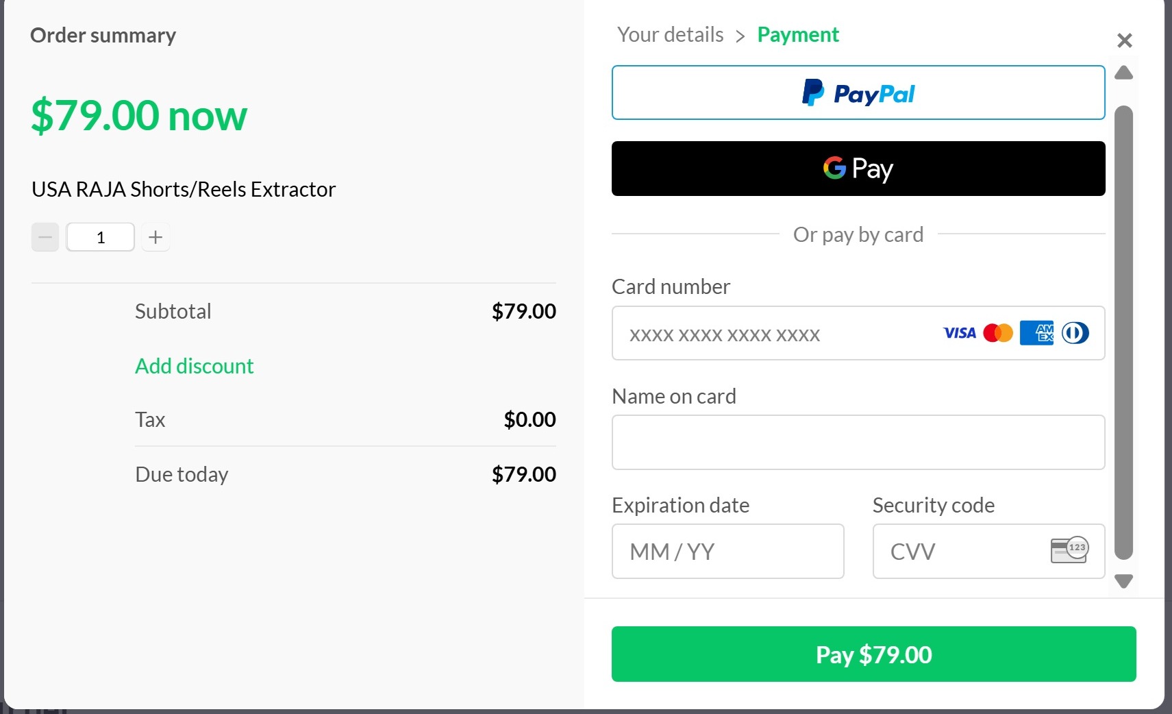 Checkout — order total and payment method