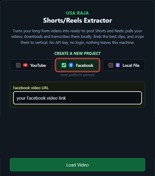 Facebook tab — paste a video link