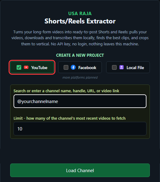 YouTube tab — search a channel and pull its videos