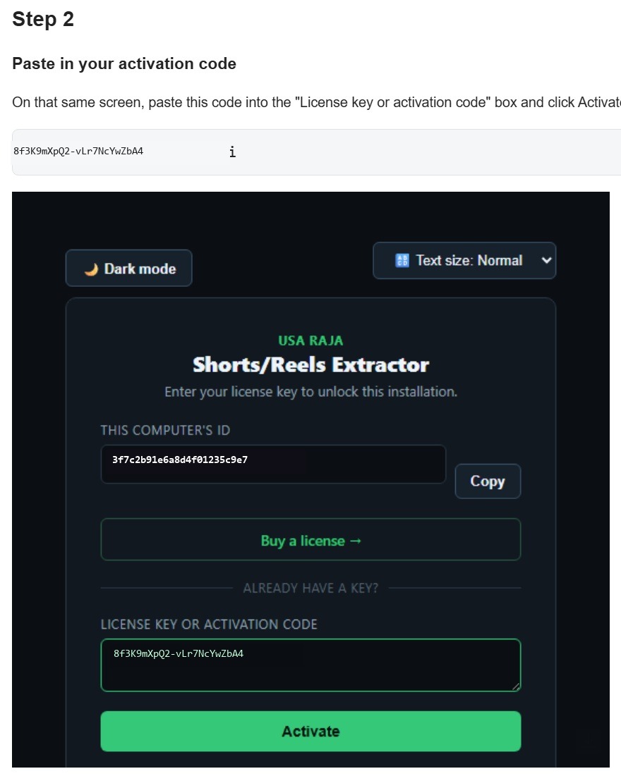 Pasting the activation code into the app's activation screen